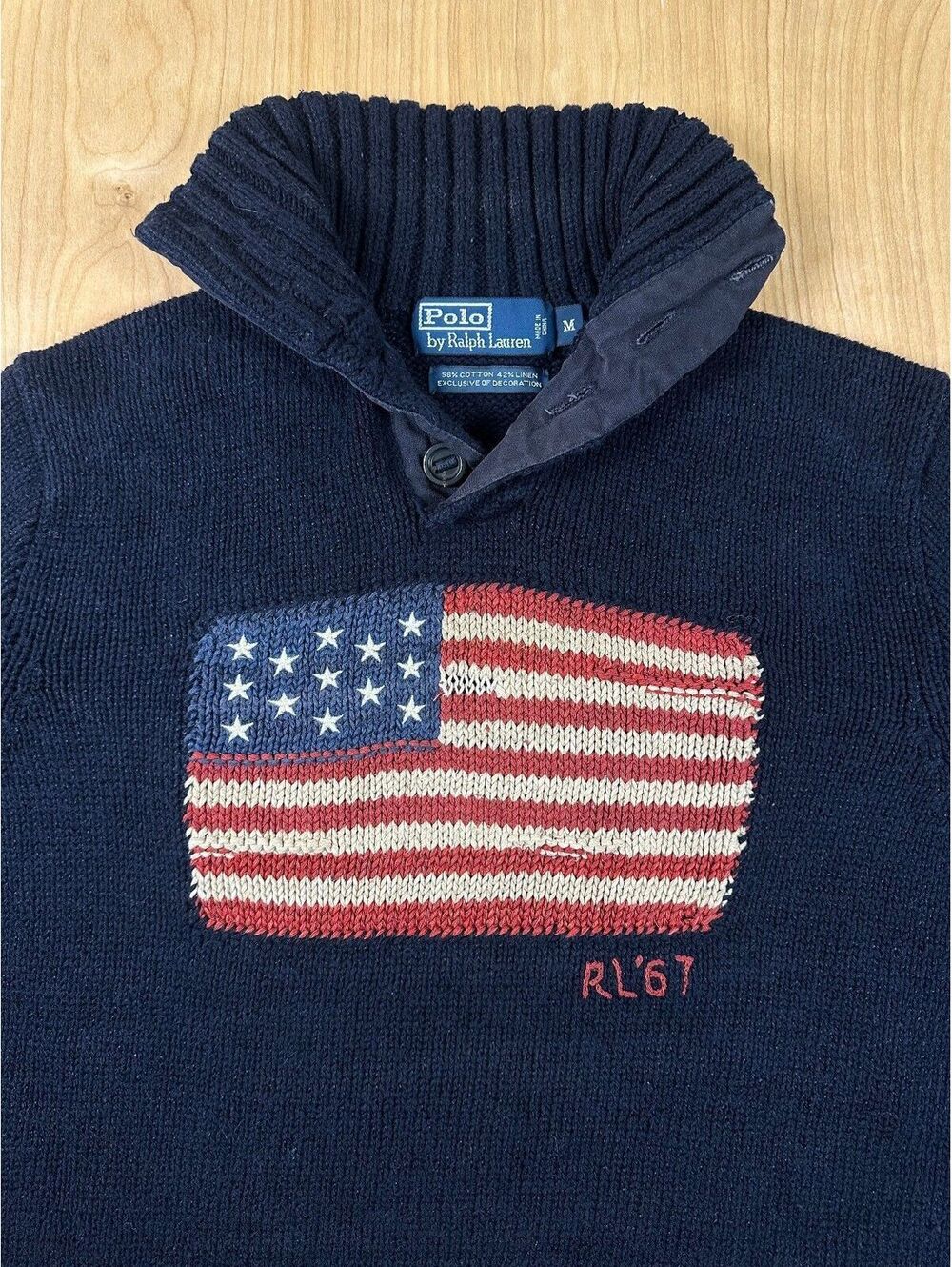 Vintage 90s Ralph Lauren American Flag sweater RL 67 knit cotton linen medium - Picture 3 of 11